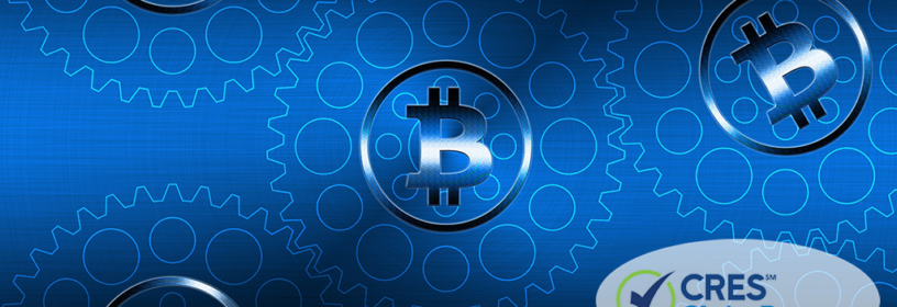 blockchain currency emblems on blue background