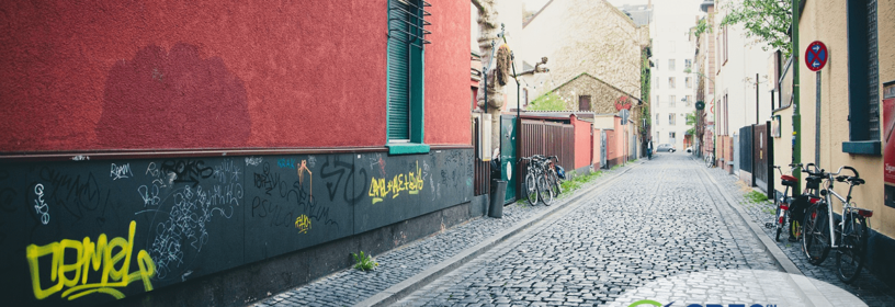 homes in alley with graffiti on walls