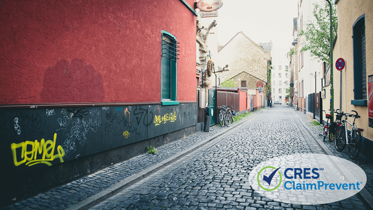 homes in alley with graffiti on walls