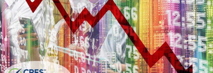 stock numbers with red arrow trending down and people with mask behind graphic