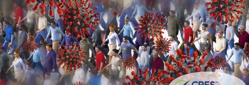 people walking around surrounded by illustrated caronavirus