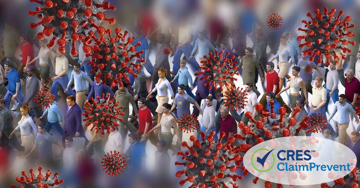 people walking around surrounded by illustrated caronavirus