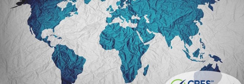 white fabric with teal map of the world