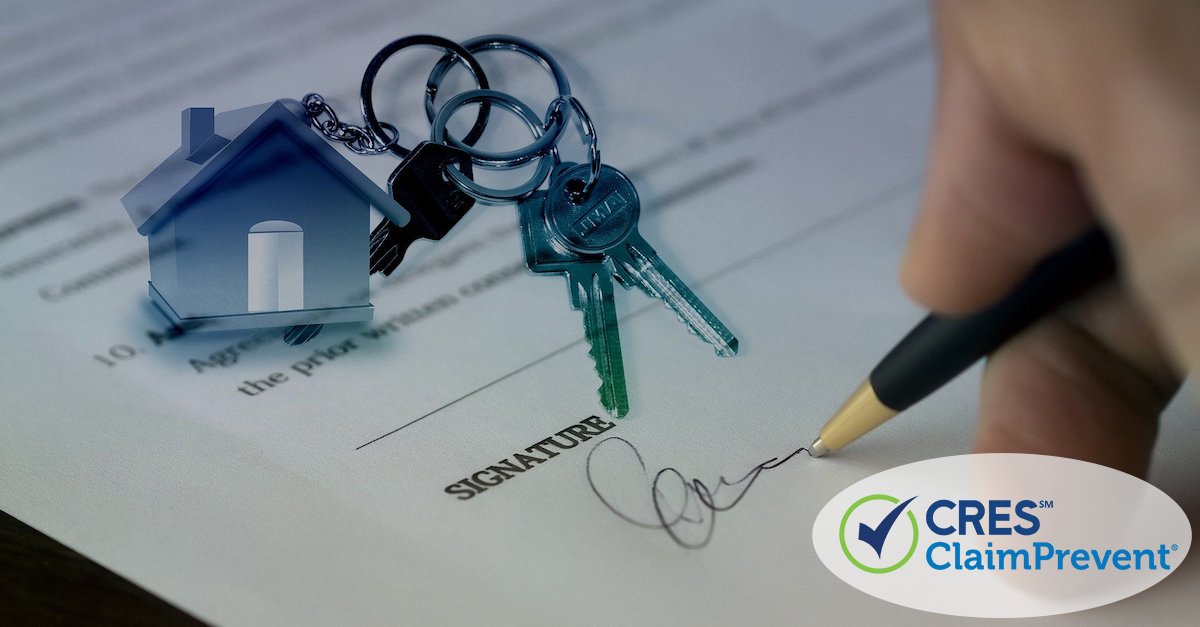 person signing house sale contract with image overlaid of house keychain and keys