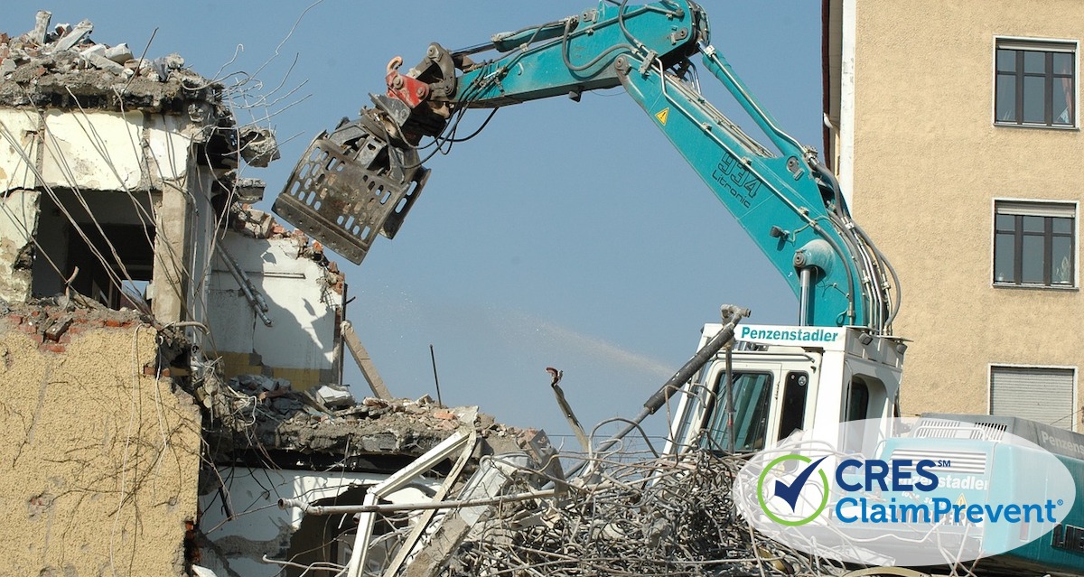 blue crane knocking down building