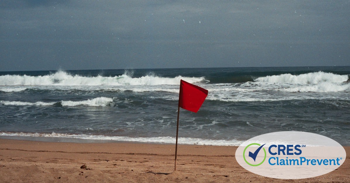 red flag in sand near ocean